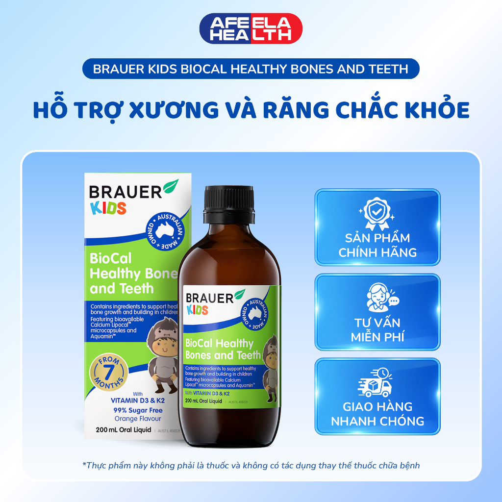 BRAUER Kids BioCal Healthy Bones and Teeth 200ml – Bổ sung Canxi, Vitamin D3 & K2 cho trẻ từ 7 tháng