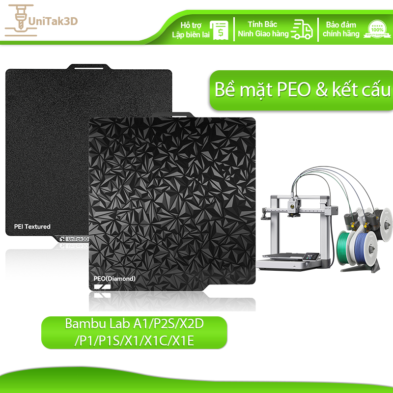 UniTak3D Bề mặt in 3D 257mm cho Bambu Lab A1/P2S/X1/X1C/P1P - PEI kết cấu + PET sợi carbon, dùng PLA
