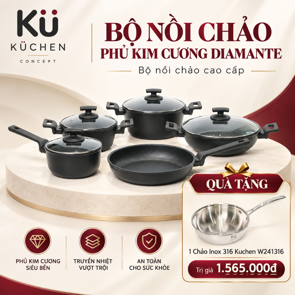 Bộ 5 Nồi Chảo Phủ Kim Cương KUCHEN DIAMANTE | Chống Dính Diamond Coating, Made in Italy | Kuchen Con