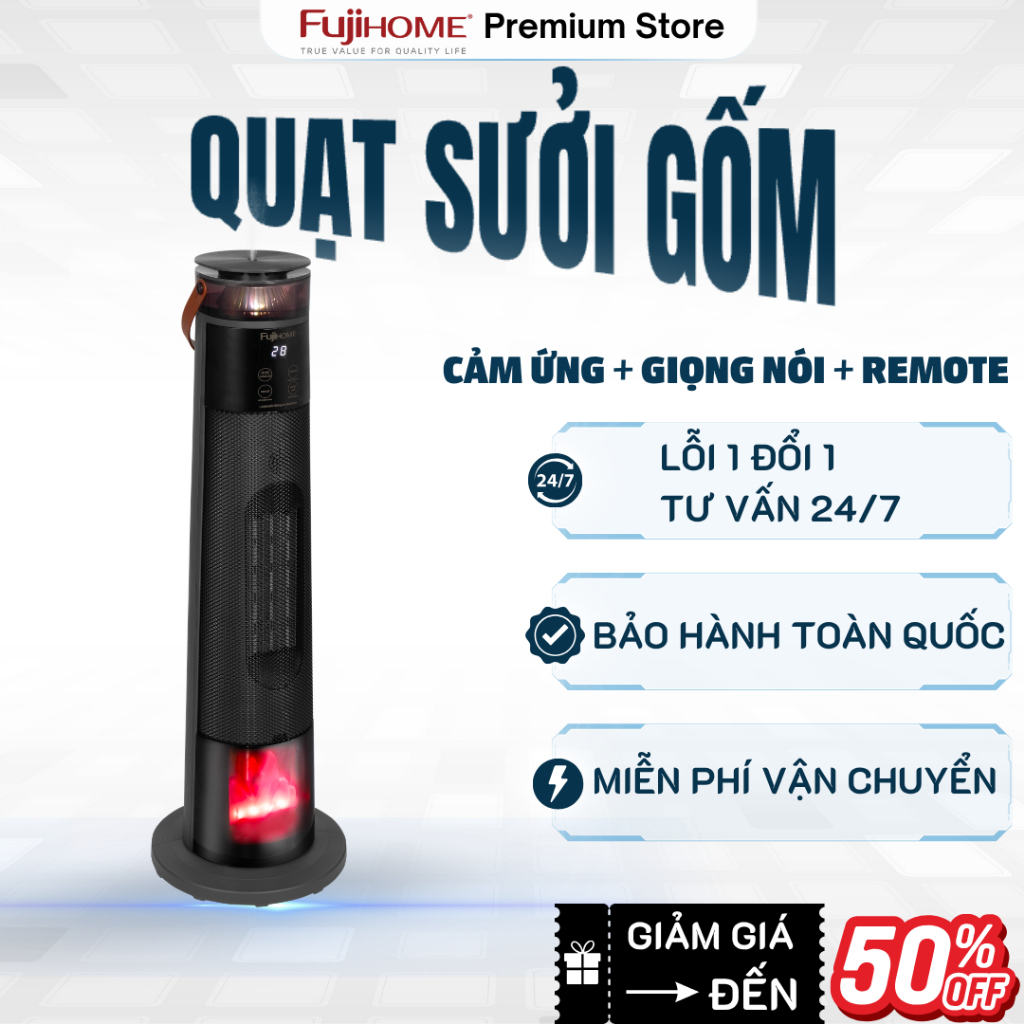 Quạt Sưởi Gốm Thông Minh Fujihome FH3303 – Sưởi Ấm Nhanh, Phun sương bù ẩm - điều khiển Giọng Nói