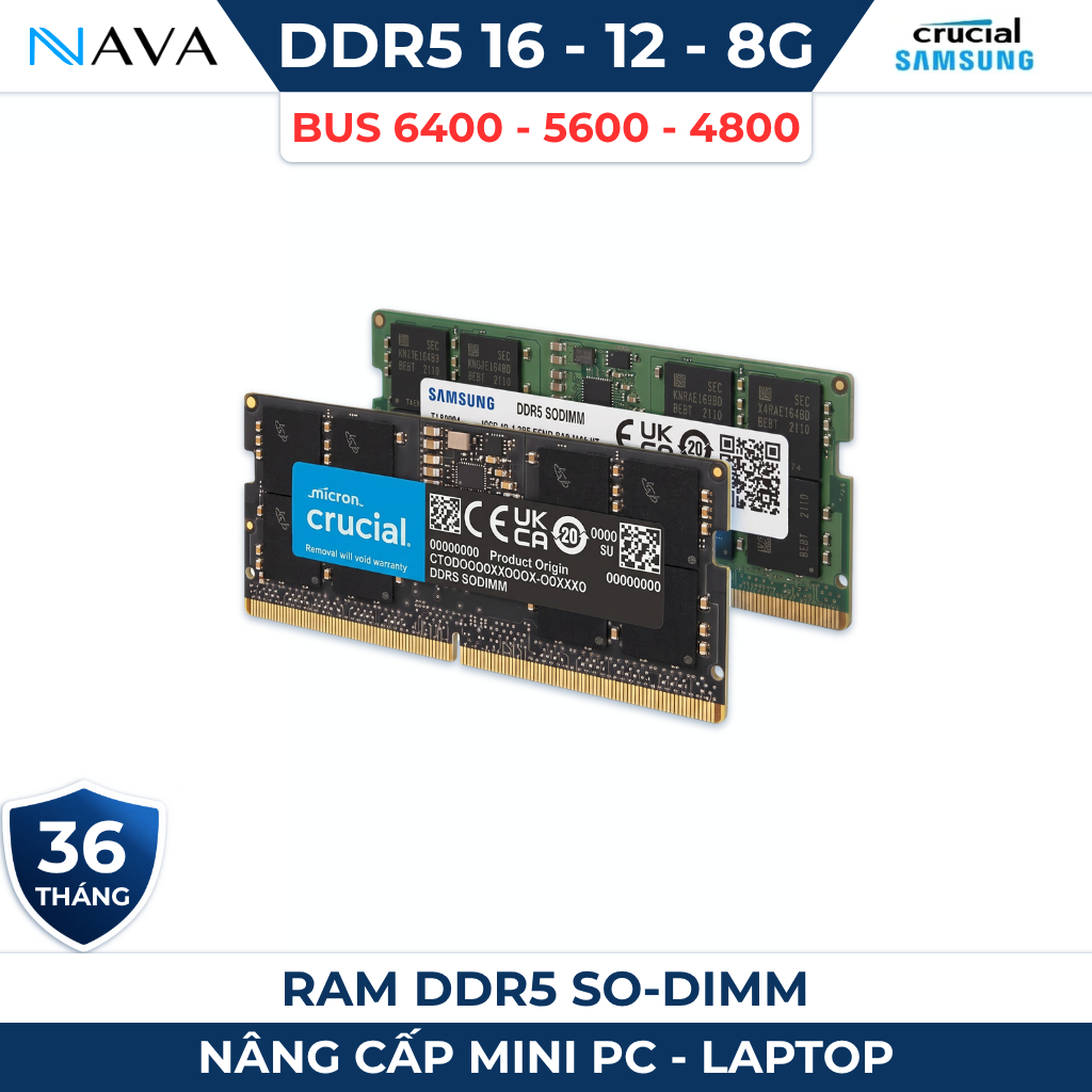 [Like New] RAM Laptop DDR5 16GB 12GB 8GB 5600 6400 Samsung Crucial Hynix Kingston Chuẩn BH 36 Tháng