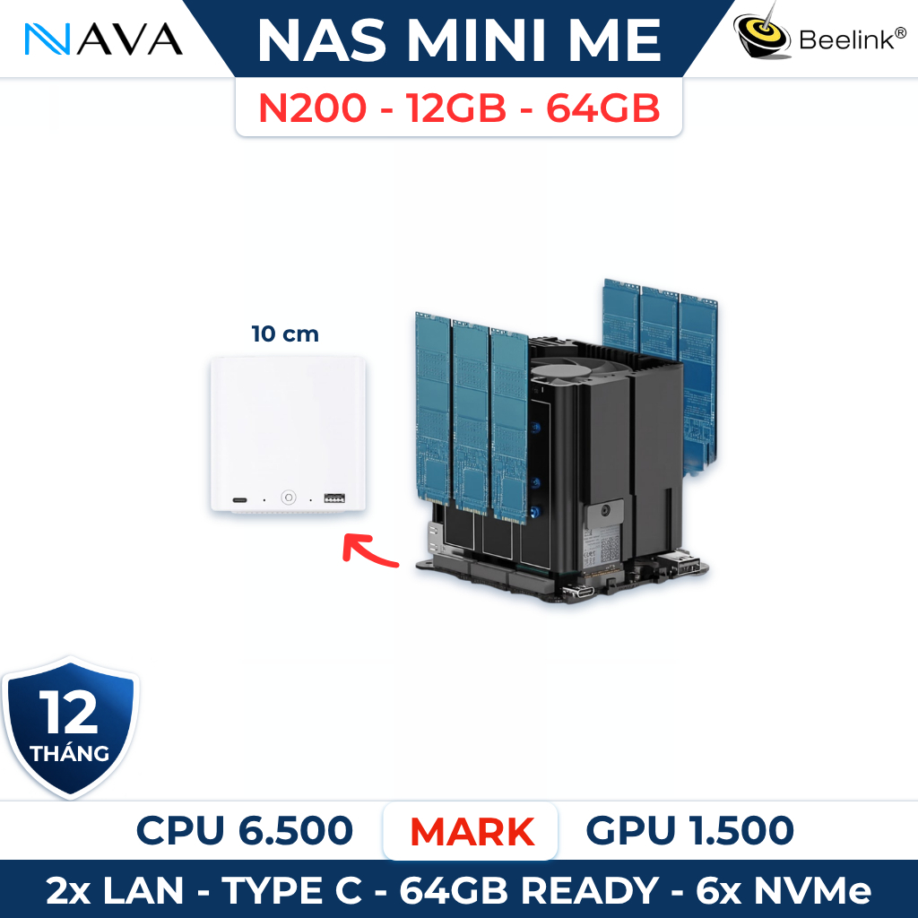 Mini PC NAS Beelink ME 6 khe SSD NVMe (24TB), Intel N200, eMMC 64GB, DDR5 WiFi 6
