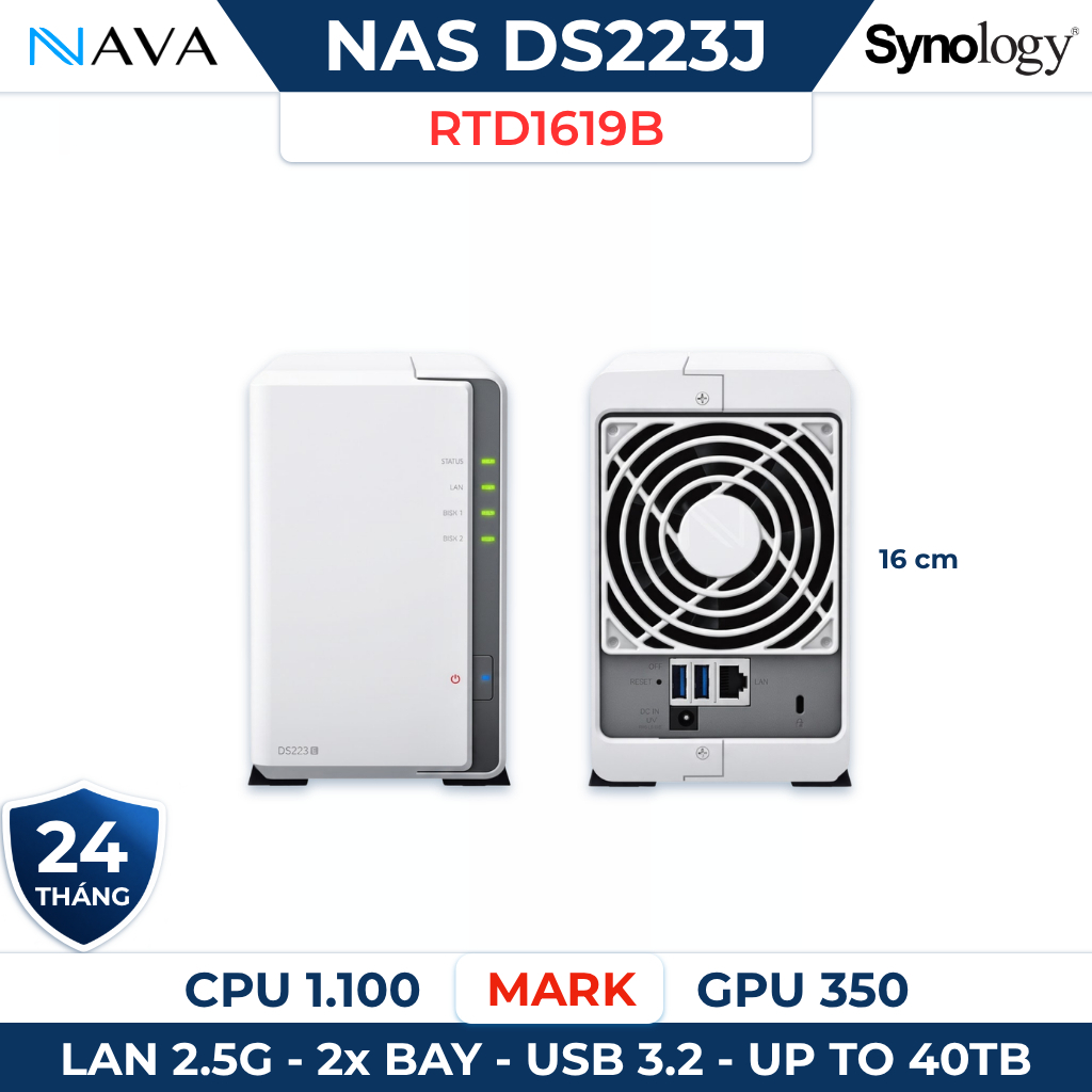 NAS Synology DS223j (2 - Bay) DDR4 NVMe, Máy Chủ Lưu Trữ Gia Đình, Sao Lưu Dữ Liệu Cá Nhân Tiết Kiệm