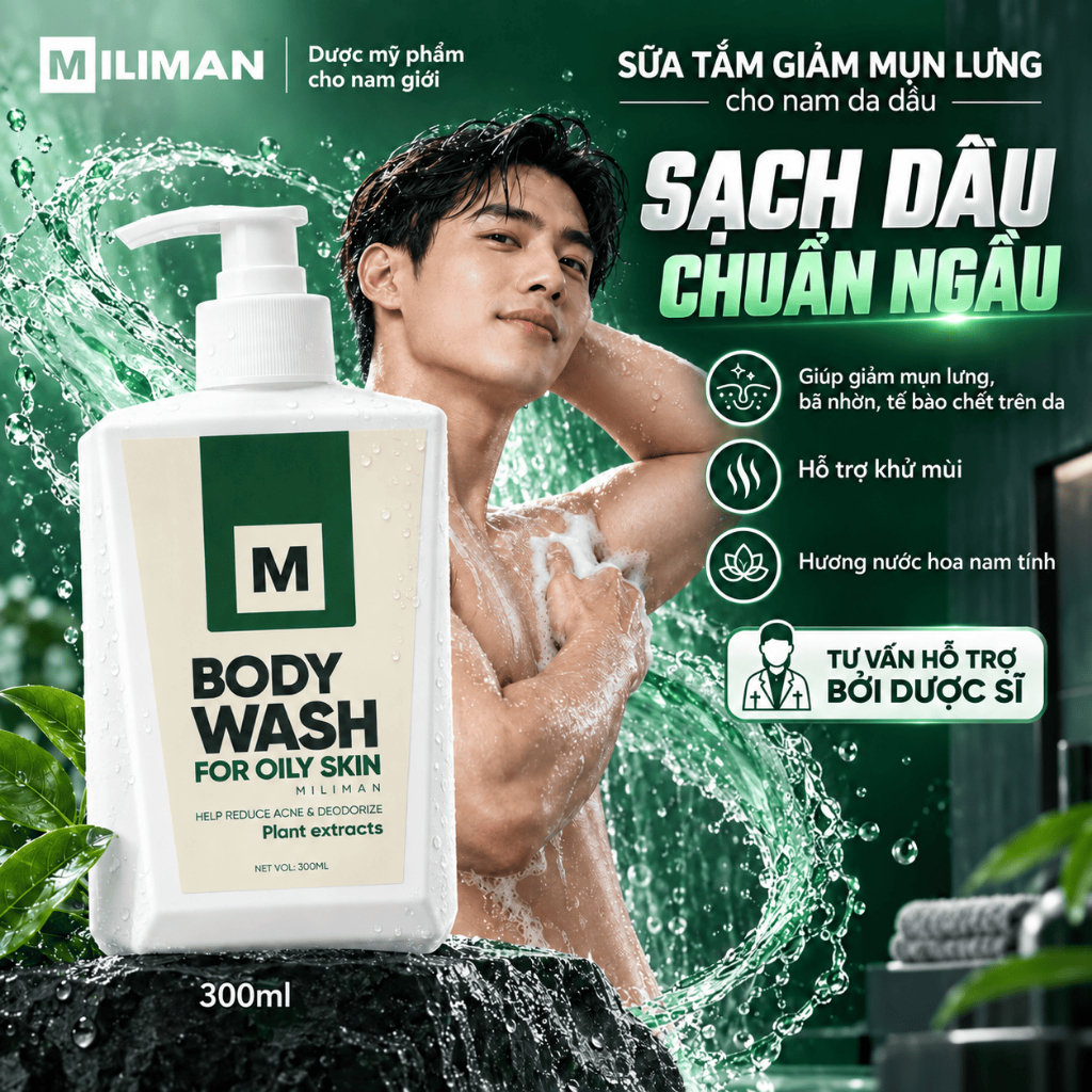 Sữa Tắm Giảm Mụn Lưng Cho Nam Da Dầu MILIMAN 300ML - Chuyên Biệt Cho Nam Da Dầu