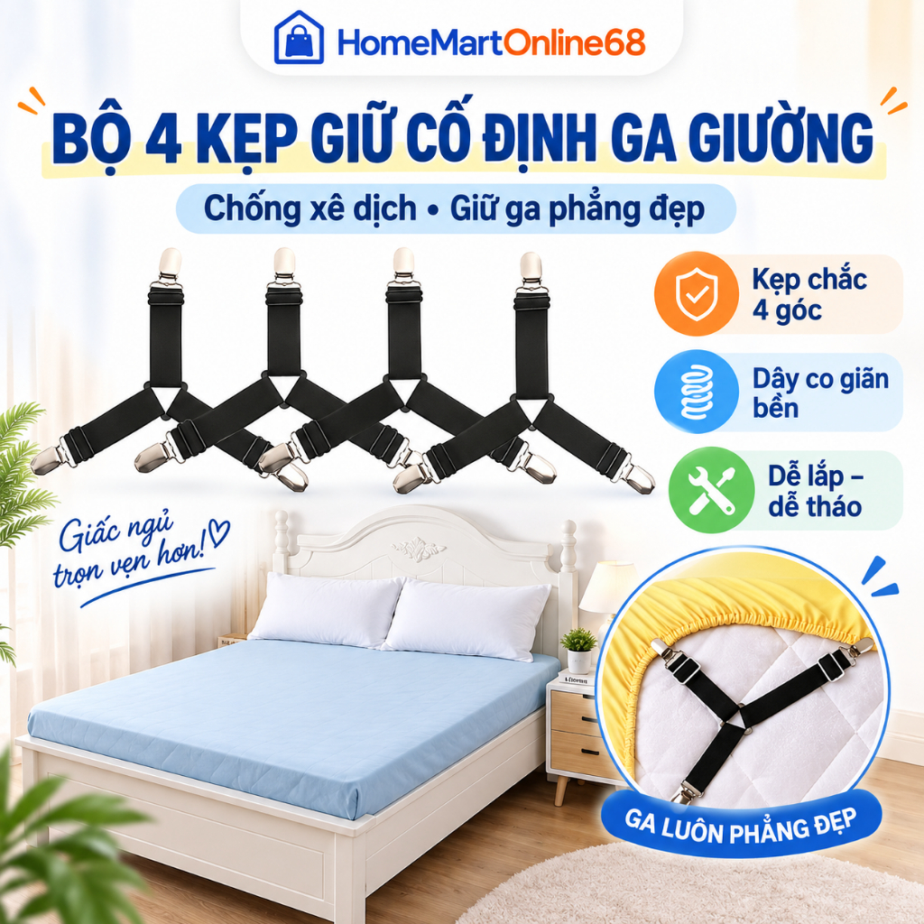 Bộ 4 Kẹp Giữ Cố Định Ga Giường Drap Chống Xê Dịch, Kẹp Ga Nệm Tiện Dụng HomeMartOnline68