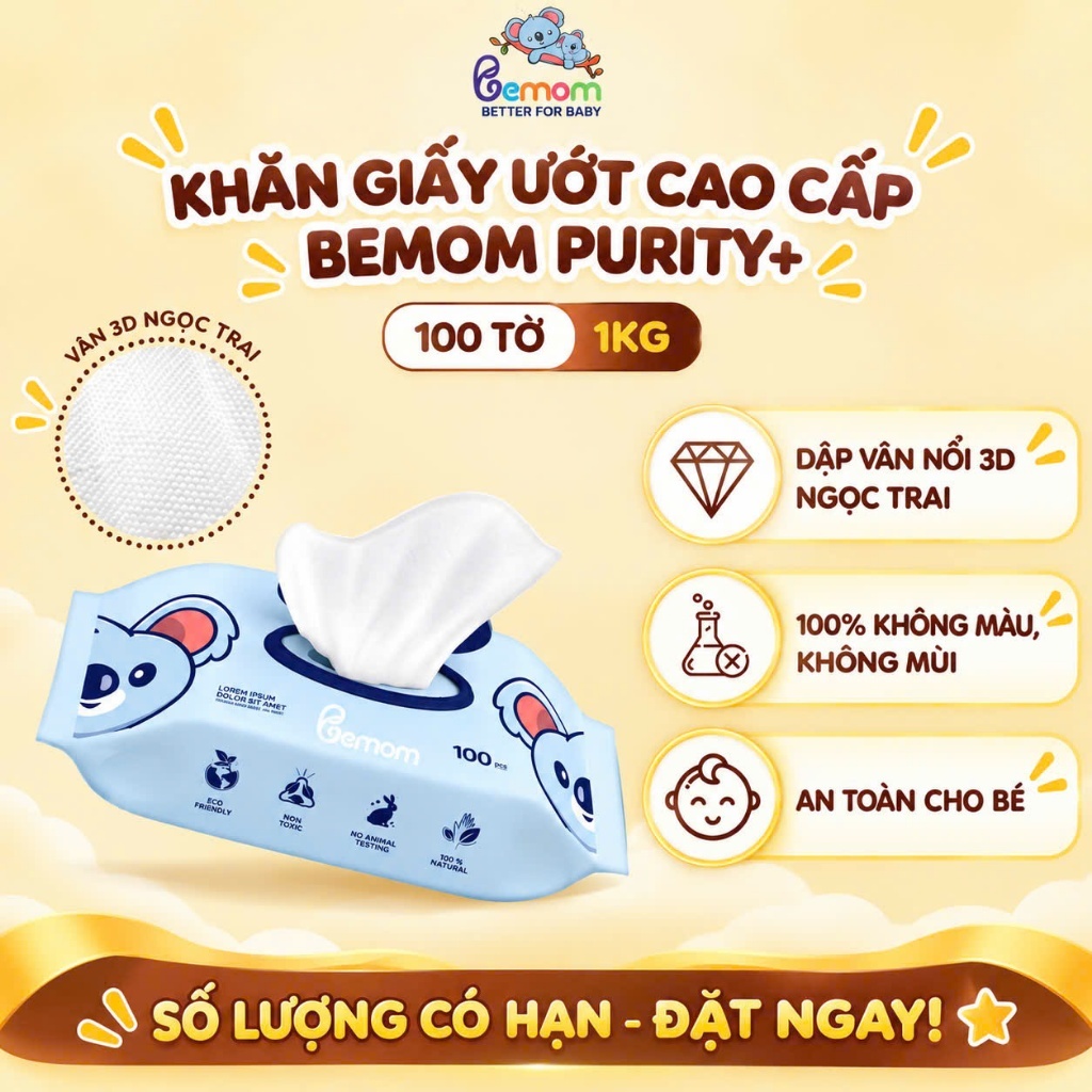 Khăn Giấy Ướt BEMOM Purity+ Hàn Quốc 100 tờ, nặng 1kg