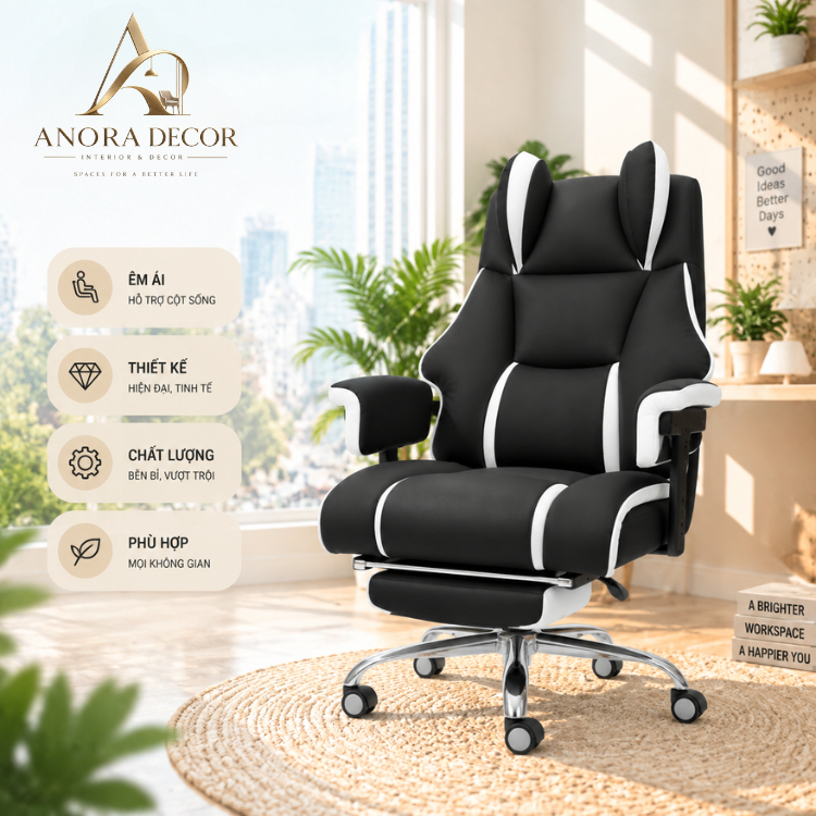 Ghế Chơi Game Cao Cấp ANORA DECOR N03 Xoay 360° Ngả 135°, Có Gác Chân, Da Mềm Êm Ái