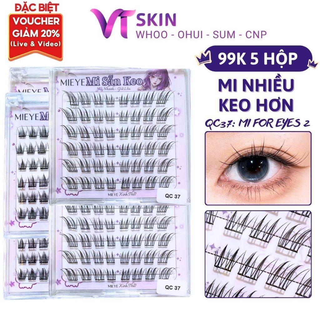 Lông Mi Giả SẴN KEO 99K/5 hộp, Mẫu Mi For Eyes, Có Thể Tái Sử Dụng Mềm Mại Tự Nhiên