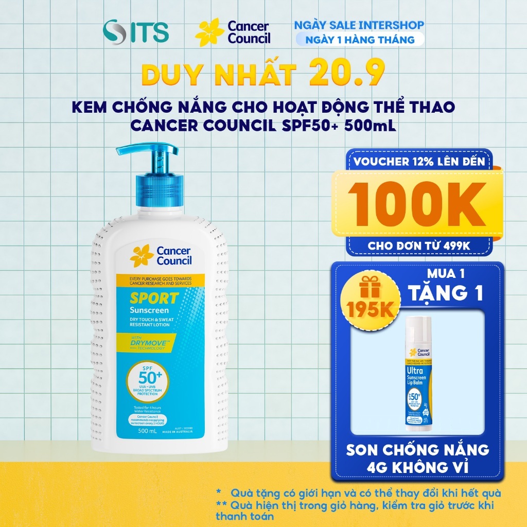 Kem Chống Nắng Cancer Council Sport SPF50+ Cho người chơi thể thao, kháng nước 4h-110ml CA0008/ CA00