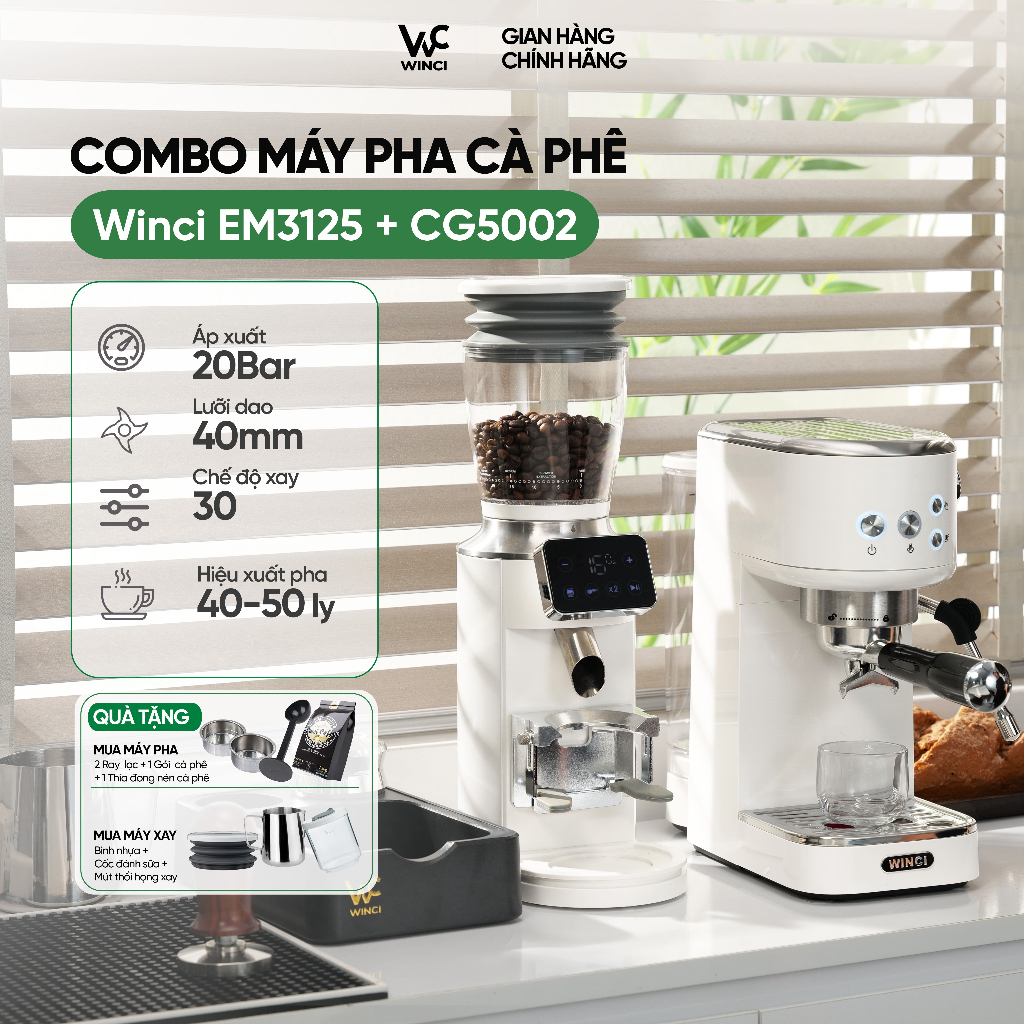 Combo máy pha cà phê Winci EM3125 & CG5002, áp suất 20Bar, công suất 1350W, 30 chế độ xay, bảo hành 