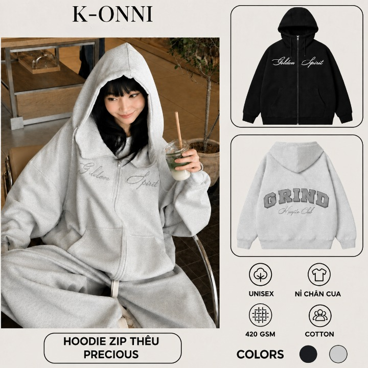 Áo Khoác Hoodie Zip Grind Nỉ Chân Cua Dày Dặn Cổ Cao Thêu Dạ Chất Nỉ Dày Ấm…