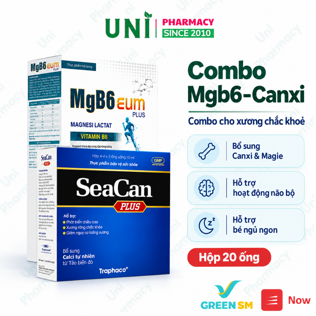 Combo Seacan Plus và Magie B6 EUM bổ sung canxi và magine giảm trằn trọc cho bé ống uống Hộp 20 ống