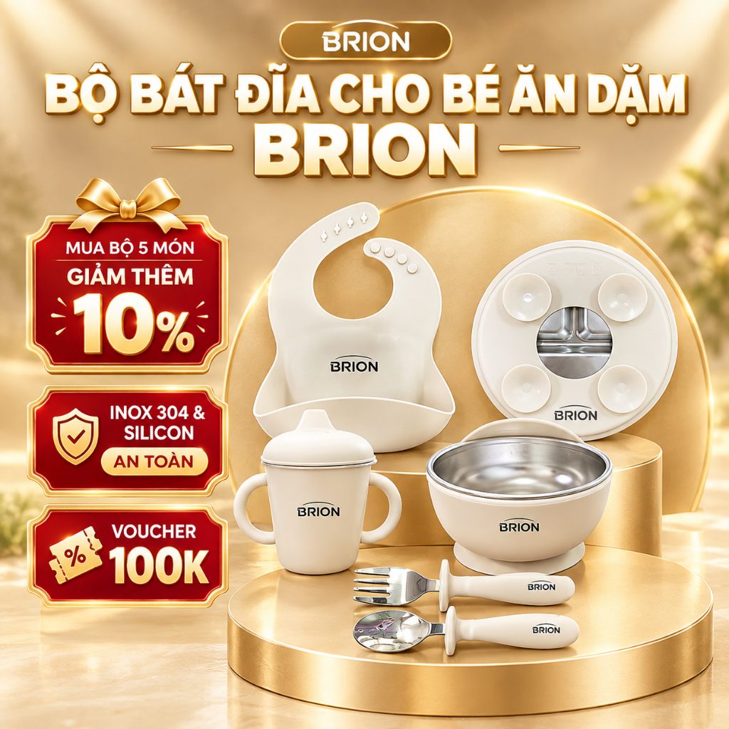 Bộ Bát Đĩa Cho Bé Ăn Dặm Brion Inox 304+ Silicon 5 Món - Chất liệu Cao Cấp, Tiện Lợi, An Tâm