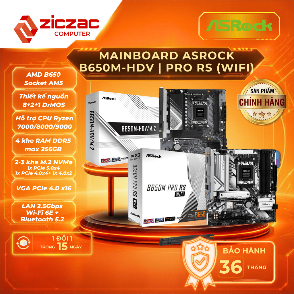 Mainboard ASRock B650M-HDV/M.2 | B650M Pro RS WIFI (AMD B650 AM5, DDR5) best p/p cho 7800x3D