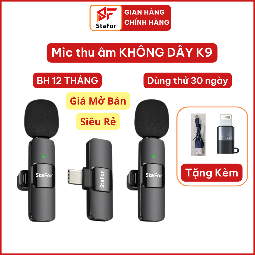 Mic Thu Âm Không Dây Cài Áo K9, Lọc Tiếng Ồn, Thu Âm, Livestream Quay Video…