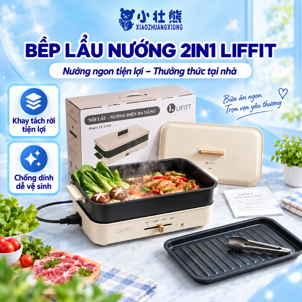 Bếp Lẩu Nướng Điện LIFFIT 2in1 Đa Năng Công Suất 1300W Chống Dính Tốt Dung Tích 4L Bảo Hành 12T
