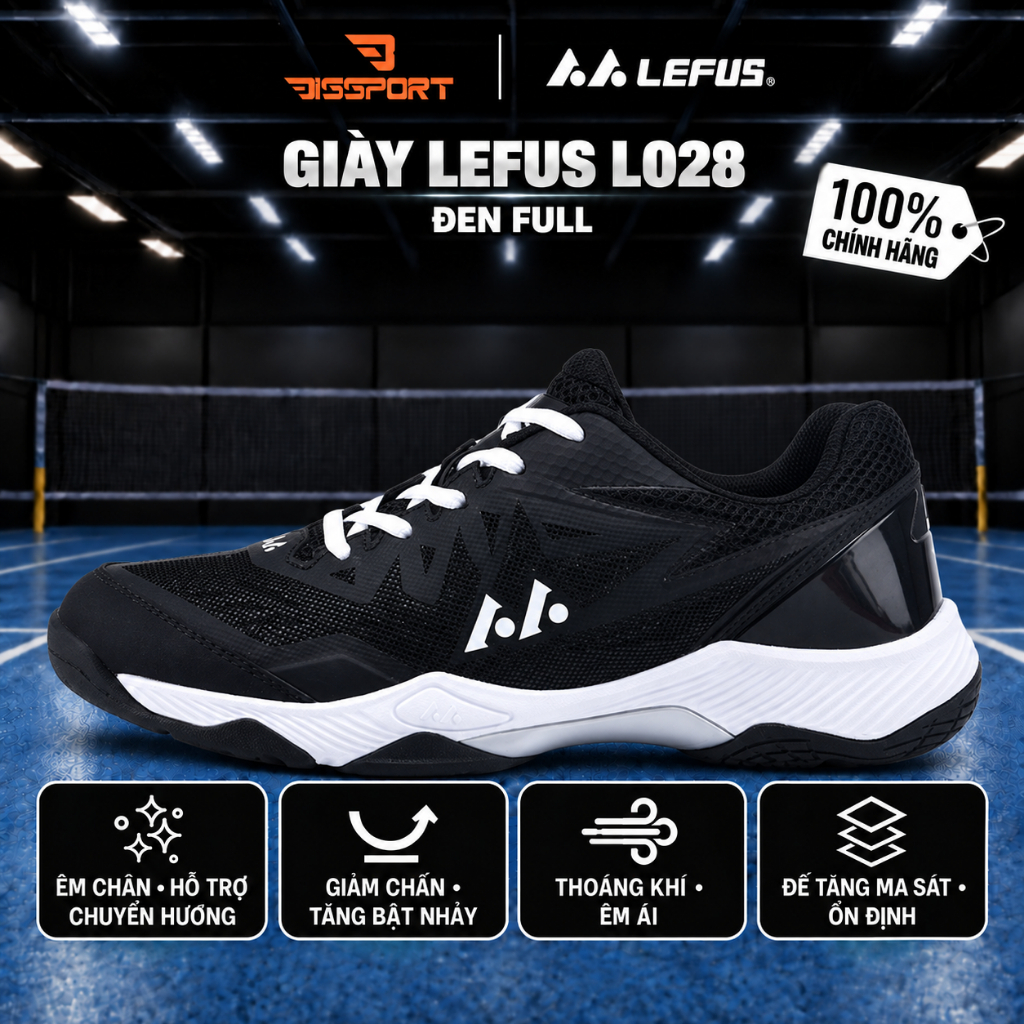 Giày Cầu Lông Lefus L028 Chính Hãng -  Màu Đen Full - Chống Chẩn Tương Đối - Giá Hợp Lý - Đế Bám - Ổ