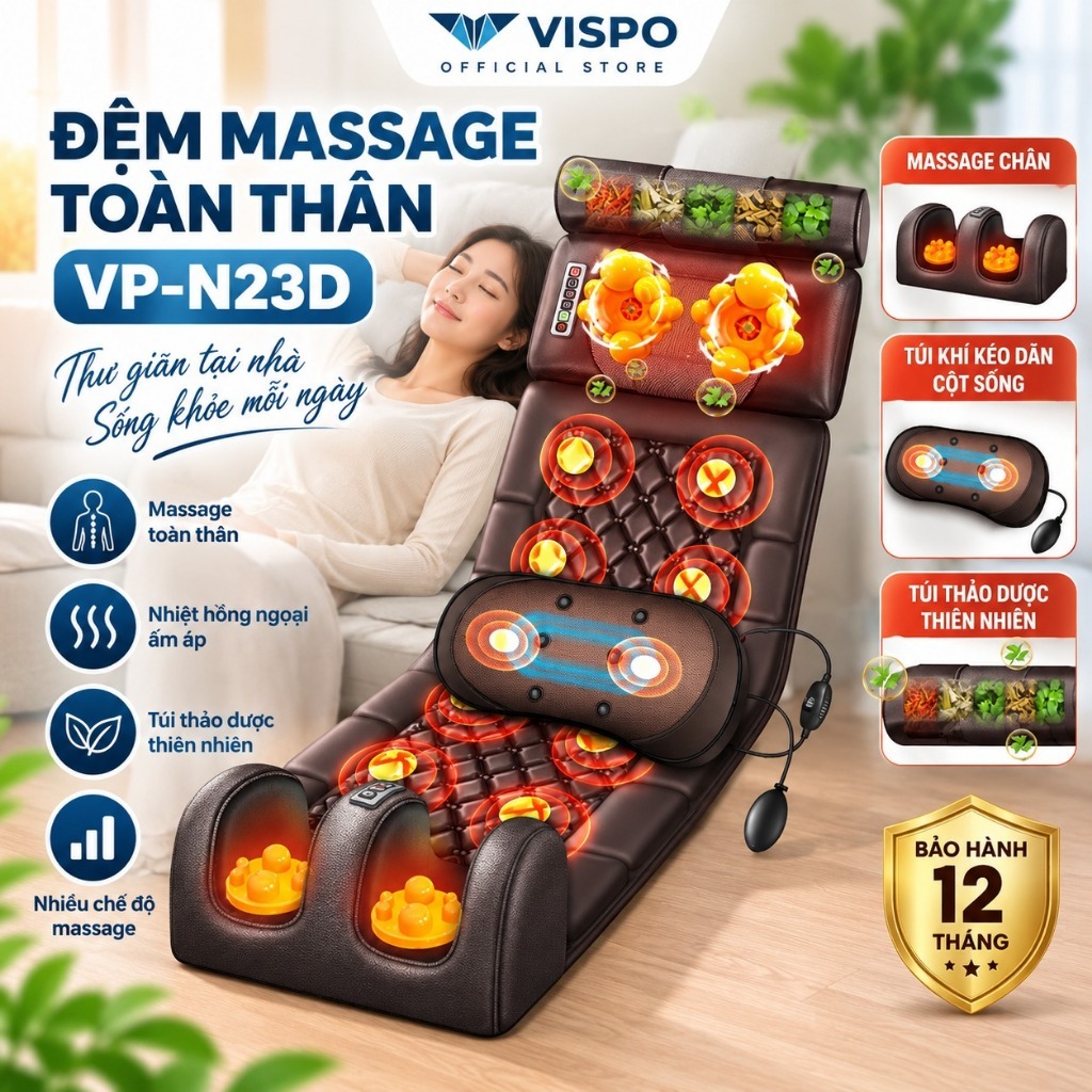 Đệm Massage Toàn Thân Vispo VP-N23D - Kích thước 50x163cm, Chất liệu Da PU
