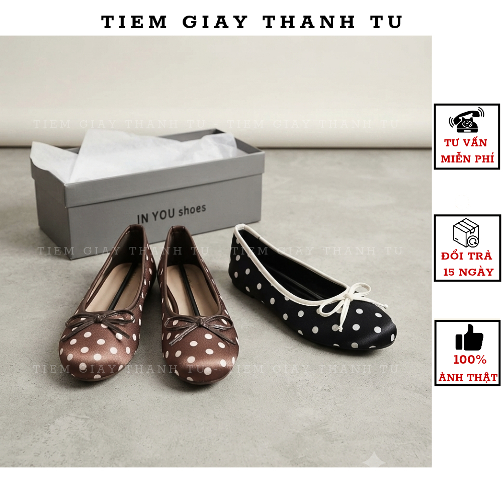 G1728 Giày Búp Bê Vải Satin Họa Tiết Chấm Bi Thắt Nơ Tiểu Thư Phong Cách Vintage