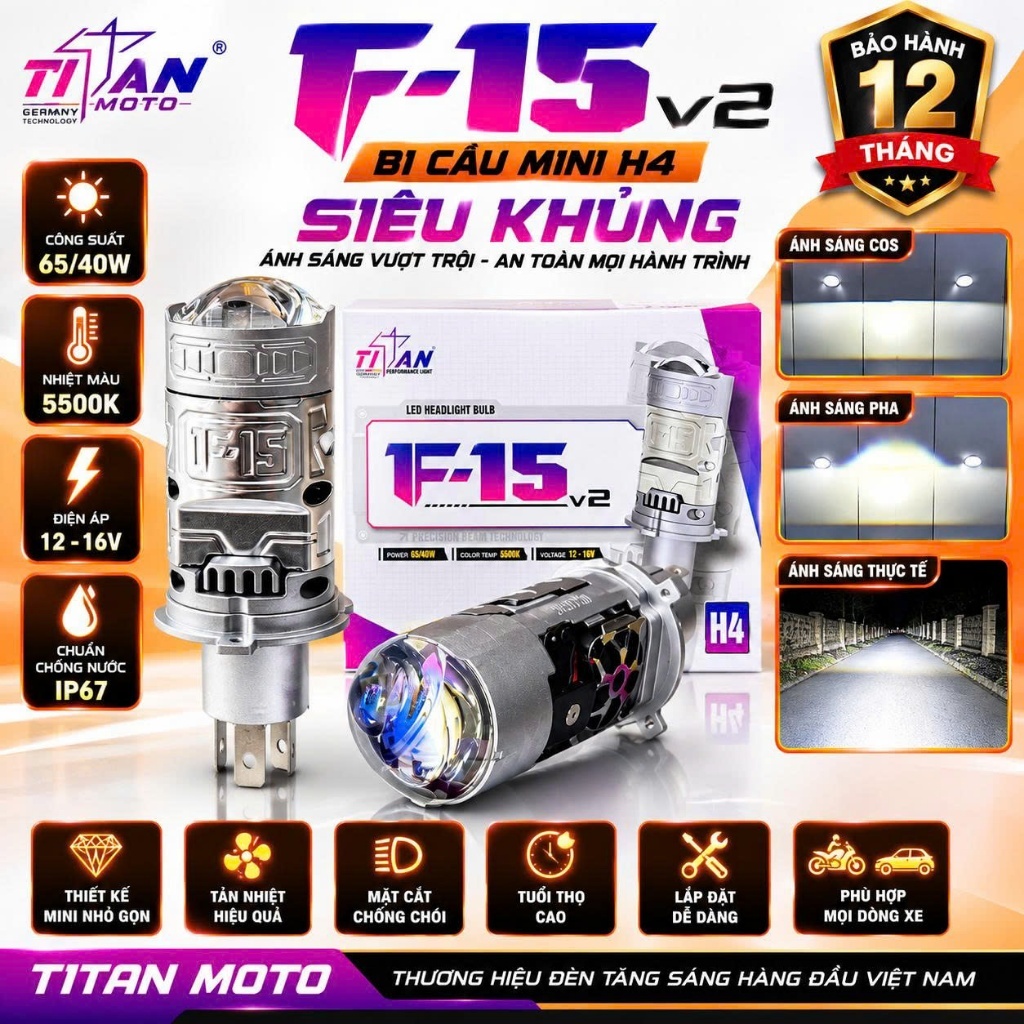 Bi cầu h4 mini F15 titan V2 chính hãng cos 45w pha 65w siêu khủng lắp ô tô xe máy,  bao hanh 1 năm