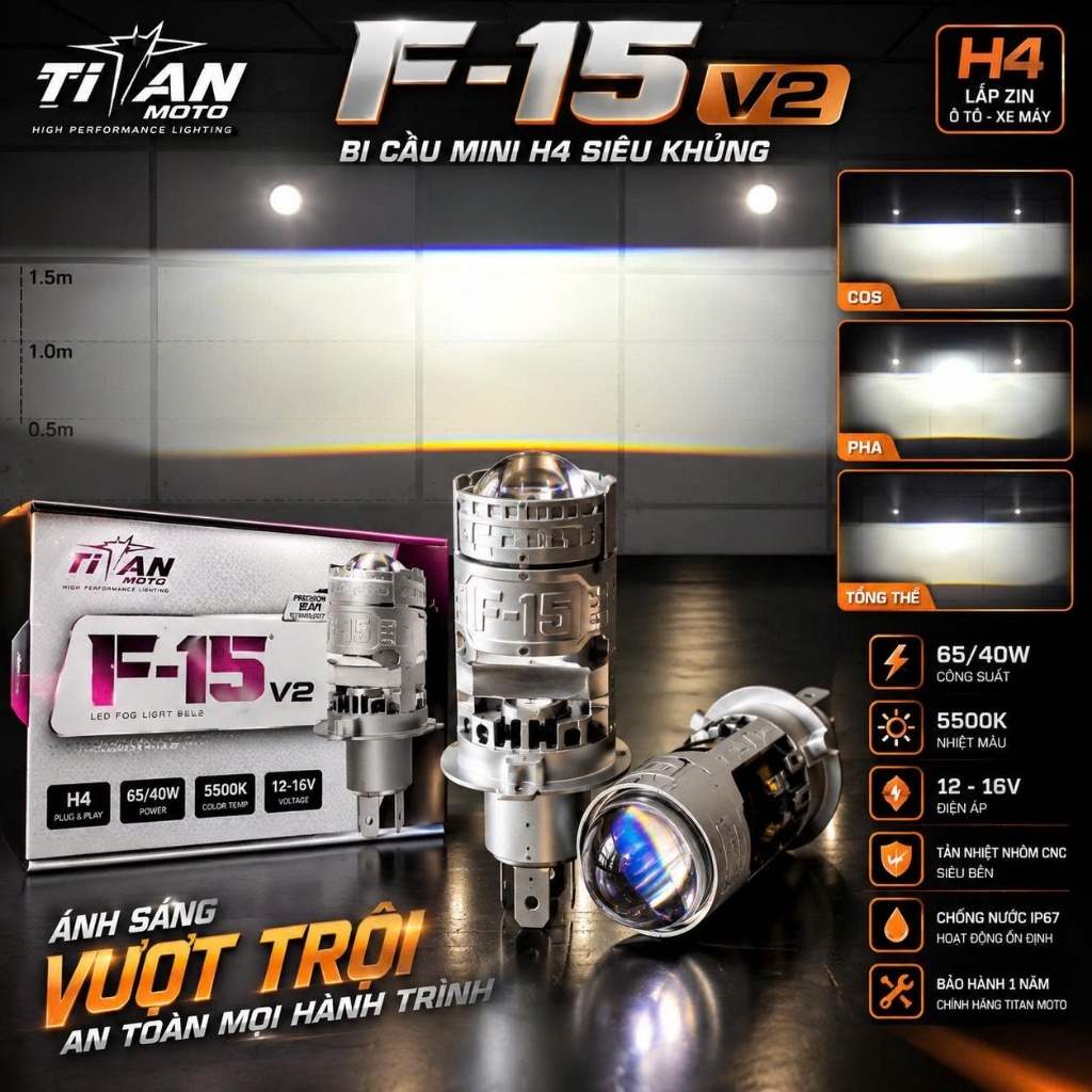 Bi cầu mini F15 titan V2 chân H4 chính hãng cos 45w pha 65w siêu khủng lắp ô tô xe máy, BH 1 năm