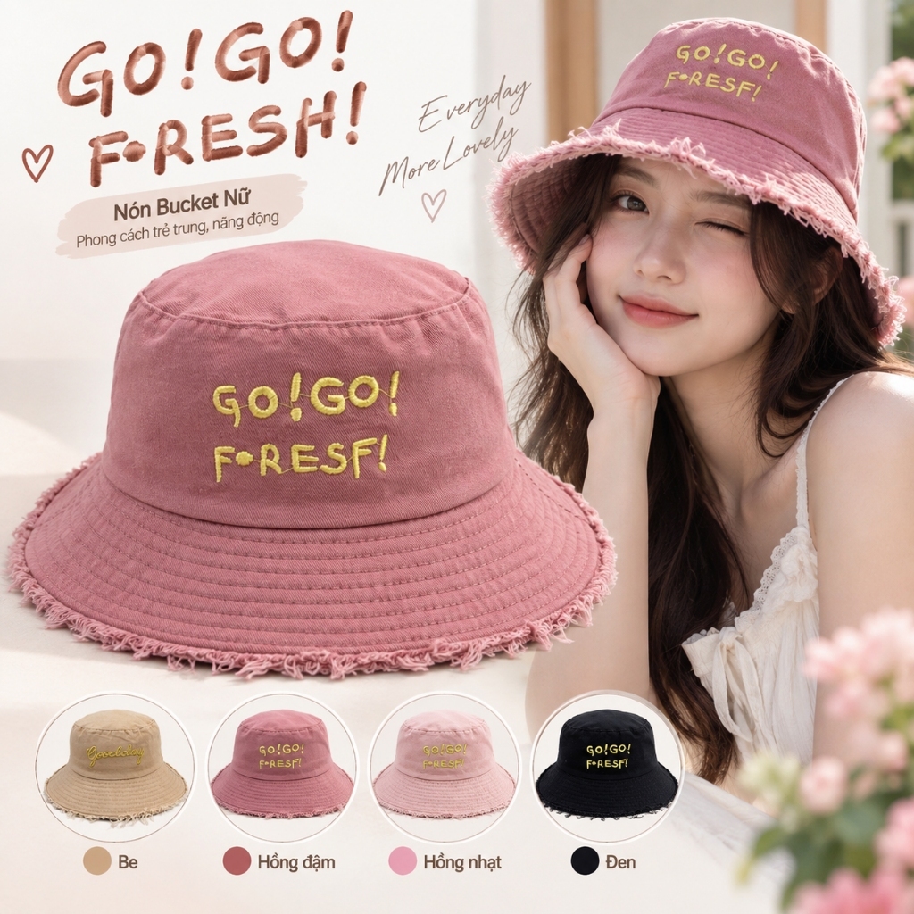 Mũ Bucket Nữ Thêu Chữ Phong Cách Hàn Quốc Nón Tai Bèo Canvas Viền Tua Rua Cá Tính Thời Trang SUNMIN