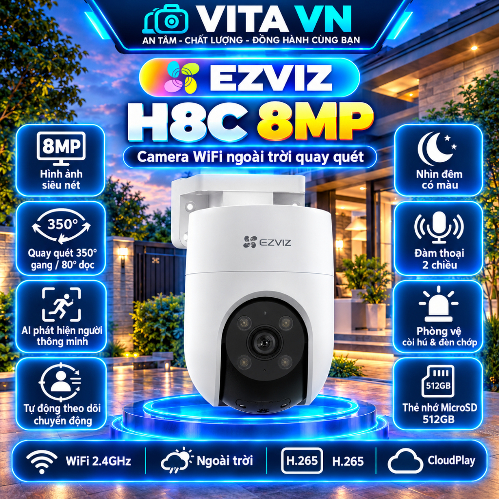 Camera wifi ngoài trời Ezviz H8C 5MP, H8C 8MP , báo động đèn xanh đỏ, xoay 360 độ , đàm thoại 2 chiề