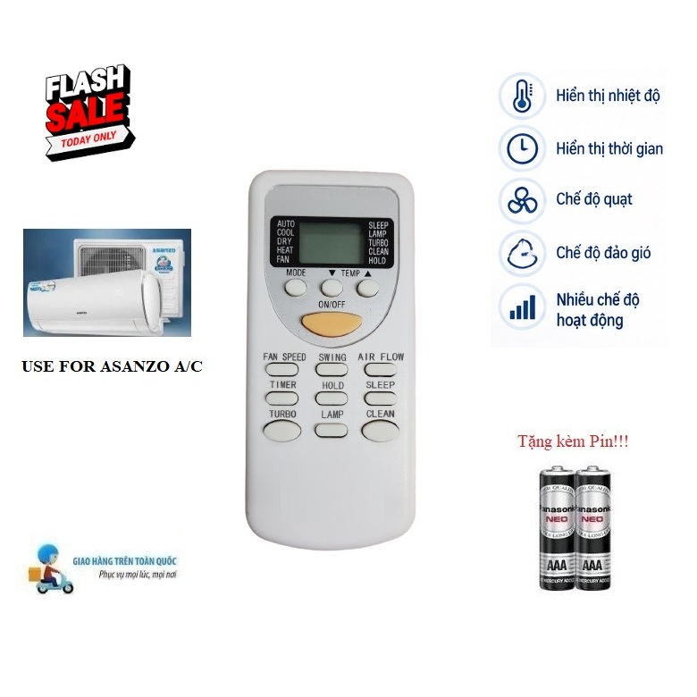 Remote Điều khiển điều hòa máy lạnh Asanzo 1 &2 chiều Inverter- Hàng mới Tặng kèm Pin