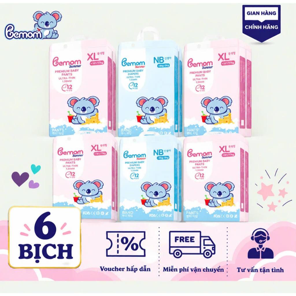 Combo 6B Tã/Bỉm BEMOM,Bỉm bemom Nội Địa Hàn QUỐC đủ size cho bé từ 3 đến 25kg