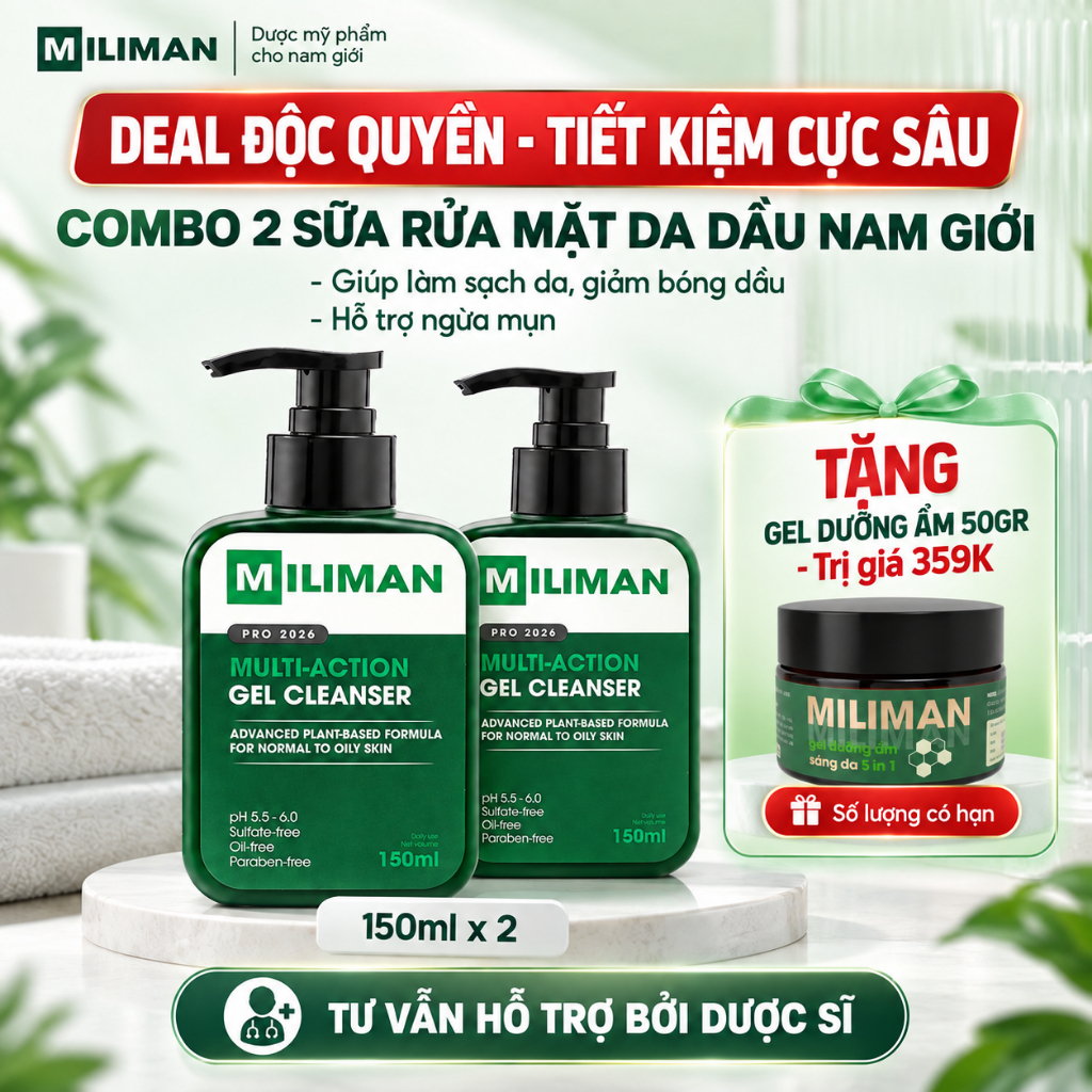 [ĐỘC QUYỀN] Combo 2 Sữa Rửa mặt Nam Da Dầu MILIMAN 150ml Tặng Gel Dưỡng Ẩm Sáng Da FULL SIZE 50GR