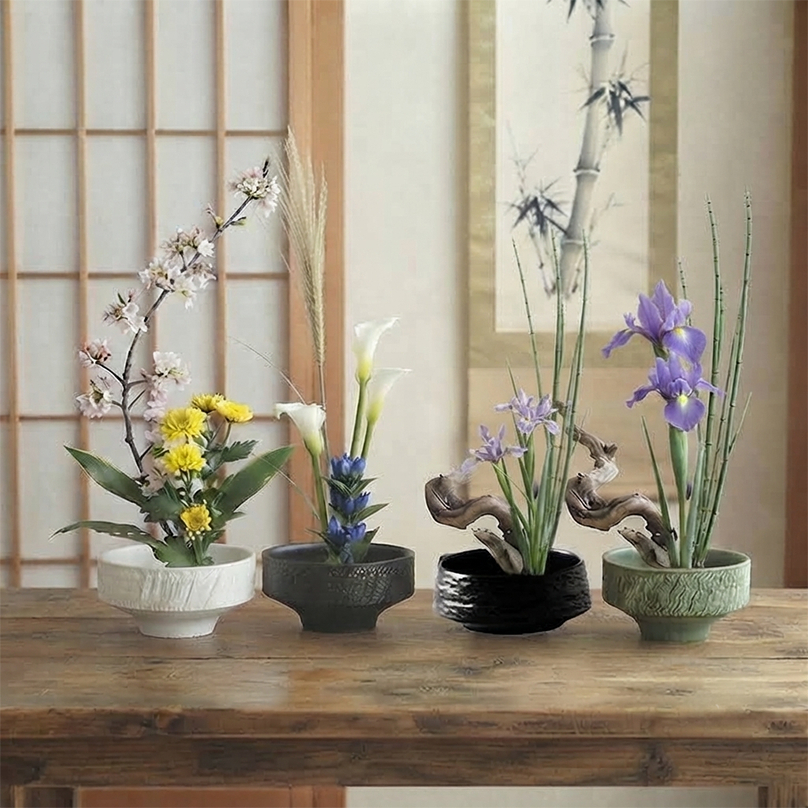 chậu cắm bonsai ikebana chậu đen trắng xanh IKE14 thích hợp bày hoa quả trang trí 12,5cm