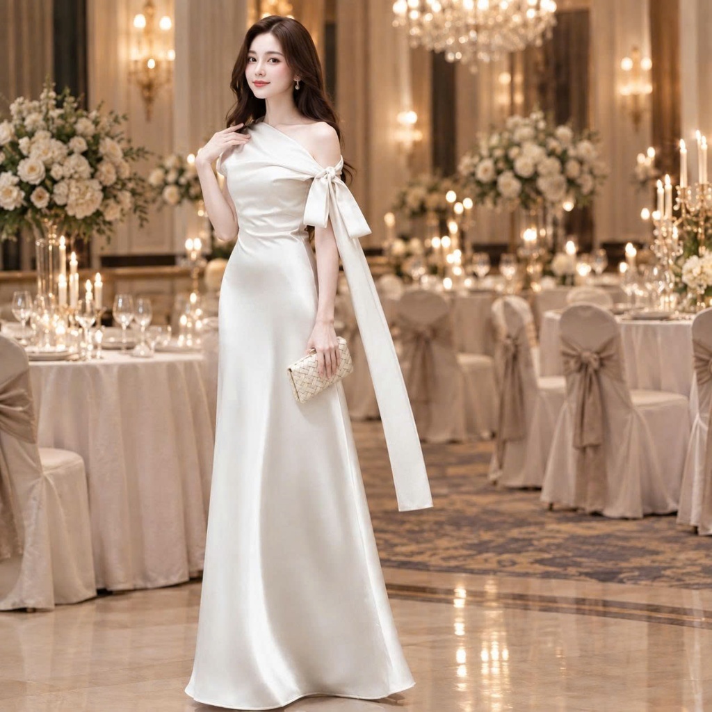Đầm Lụa Lệch Vai Y111 Dáng Xòe Nhẹ Thanh Lịch Kèm Tag Cài - Akara Closet
