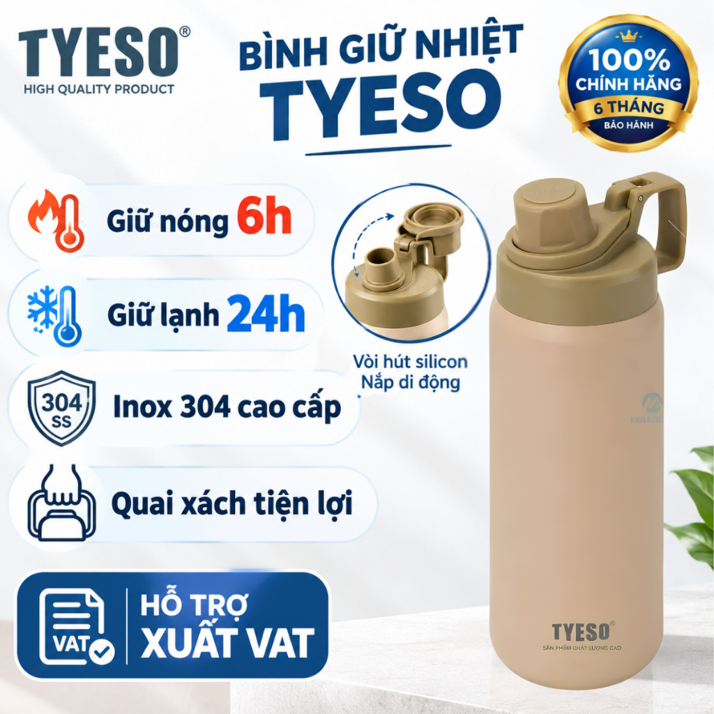 Bình nước giữ nhiệt TYESO inox 304 cách nhiệt chân không giữ lạnh và nóng 01-01008/01009/01010