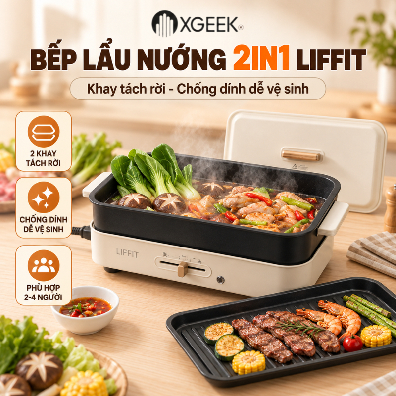 Bếp Lẩu Nướng Điện LIFFIT Đa Năng, Công Suất 1300w Khay Chống Dính Tháo Rời, Dễ Vệ Sinh, BH 12T