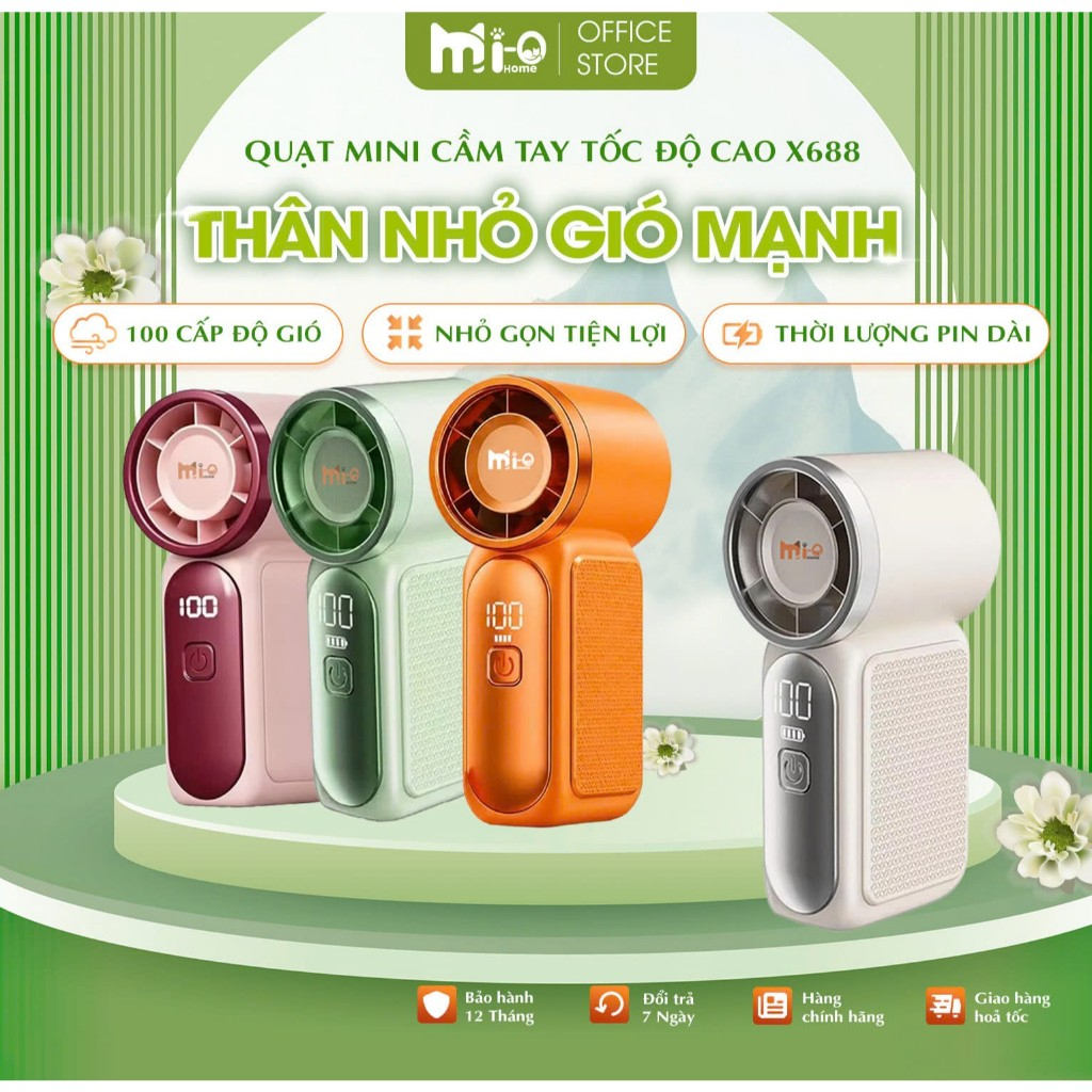 Quạt Mini Cầm Tay Tốc Độ Cao Mi-Ohome X688 Siêu Mát - 100 Cấp Độ Gió | Quạt Điện Mang Đi Học Đi Làm 