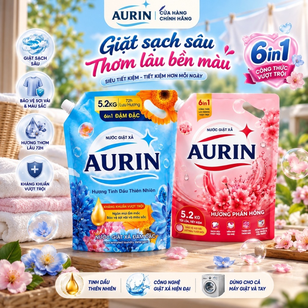 Nước Giặt Xả Lưu Hương AURIN Tinh Dầu Thiên Nhiên, Sạch Sâu Thơm Lâu, Bền Màu, DịuNhẹ