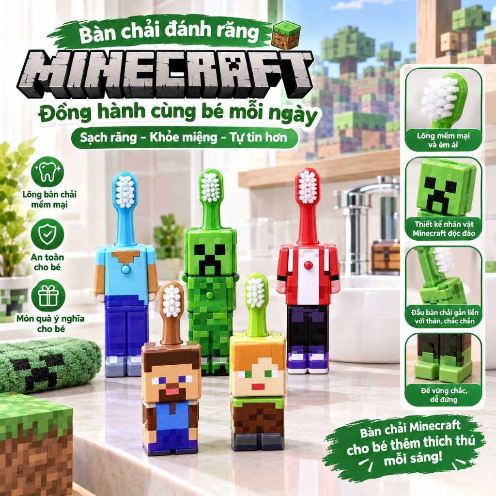 Bàn Chải Đánh Răng Lông Mềm Cho Bé Minecraft - Bàn Chải Đánh Răng Cho Bé Nhân Vật Hoạt Hình Minecraft VN-10326