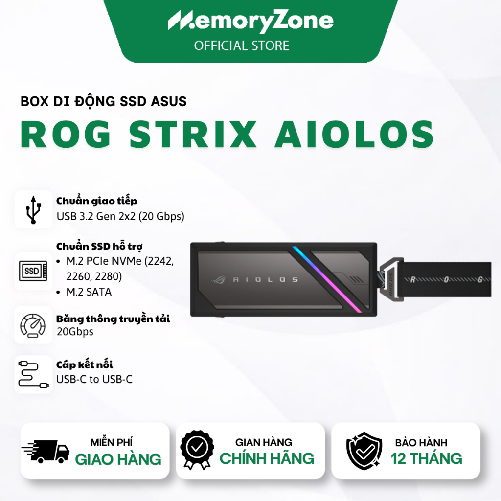 Box di động SSD M.2 NVMe 20Gbps ASUS ROG Strix Aiolos - Bảo hành 12 tháng