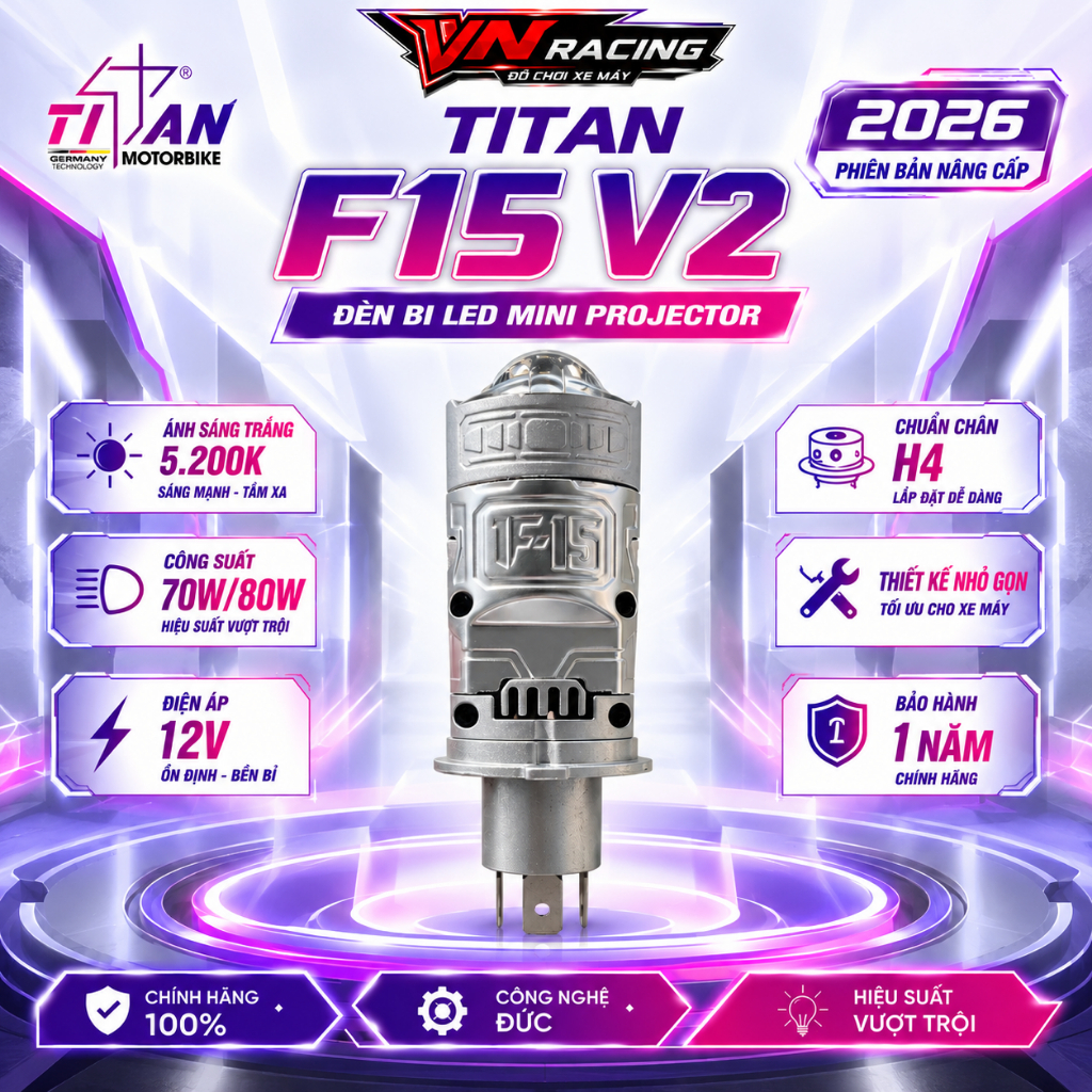 Đèn Pha LED Bi Cầu Titan F15 V2 50W Chính Hãng Chân H4 Siêu Sáng, Cos Pha Rõ Nét Cho Xe Máy BH 1 Năm