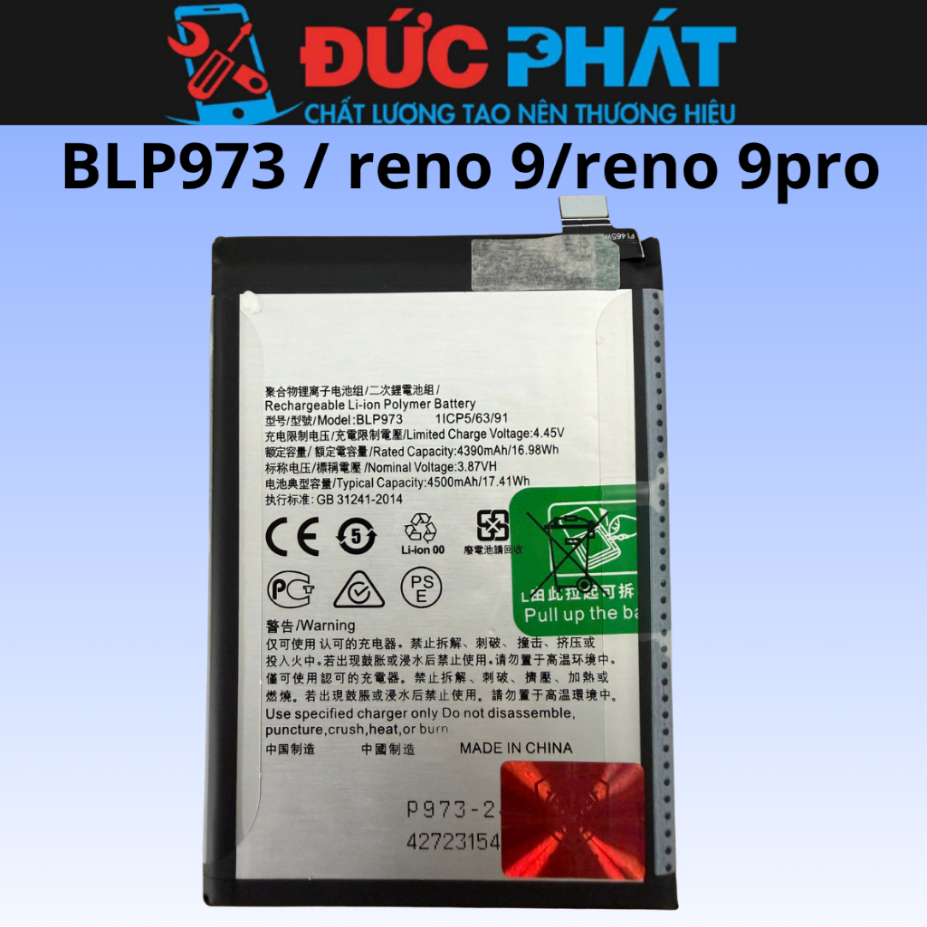 Pin Linh Kiện Thay Thế BLP 973 / Reno 9 / Reno 9Pro (tặng keo và bộ sửa)