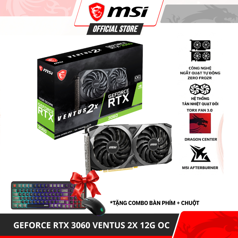 VGA - Card màn hình MSI GeForce RTX™ 3060 VENTUS 2X 12G OC - 12GB GDDR6, 1807 MHz, 3584 Cores -Tặng 