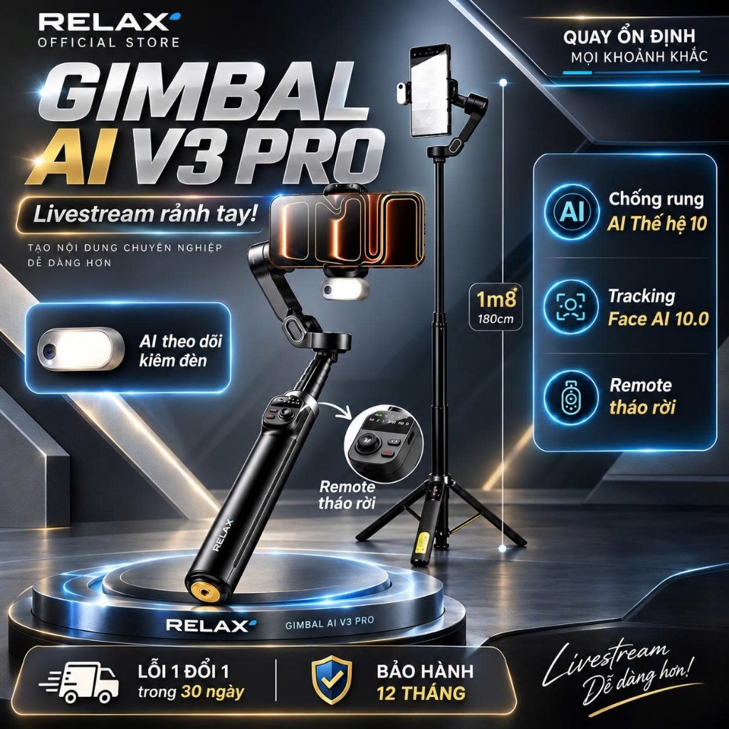 Gimbal Chống Rung Điện Thoại SMART V3 - Có Remote Tháo Rời Quay Phim Chụp Ảnh, Tracking Face 10.0