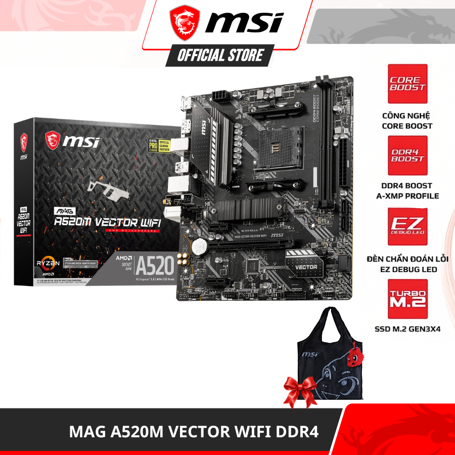 Mainboard - Bo mạch chủ MSI MAG A520M VECTOR WIFI - 2 khe DDR4 DIMM, 4600MHz, Chipset AMD A520 (Tặng