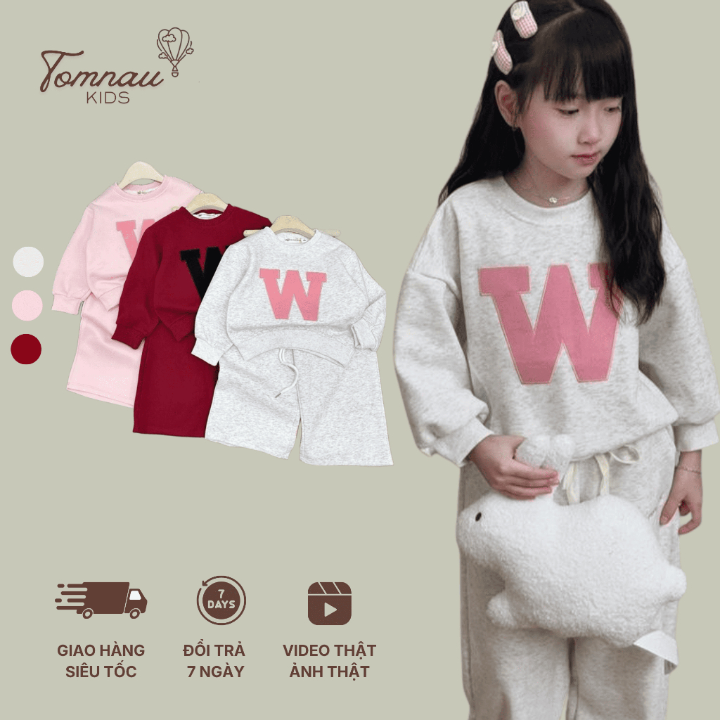 S230 - [tomnaukids] Set áo nỉ phối quần suông thêu chữ "W" - Size từ 8-32Kg