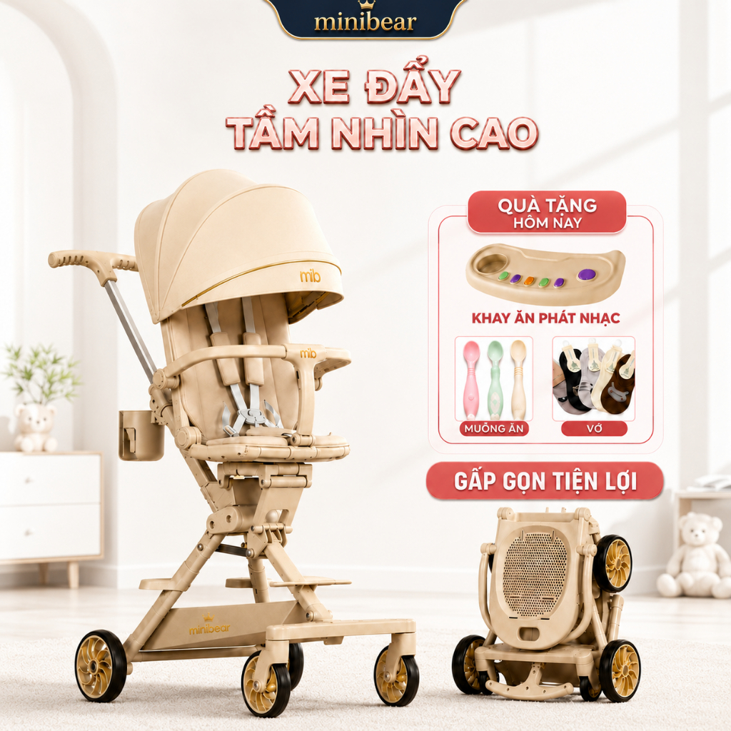 Mini Bear Facial Tissue Xe Đẩy Gấp Gọn Cho Bé Sơ Sinh Nhật Bản M1 Có Nhạc,Chống Sốc Cao Cấp PRO M1