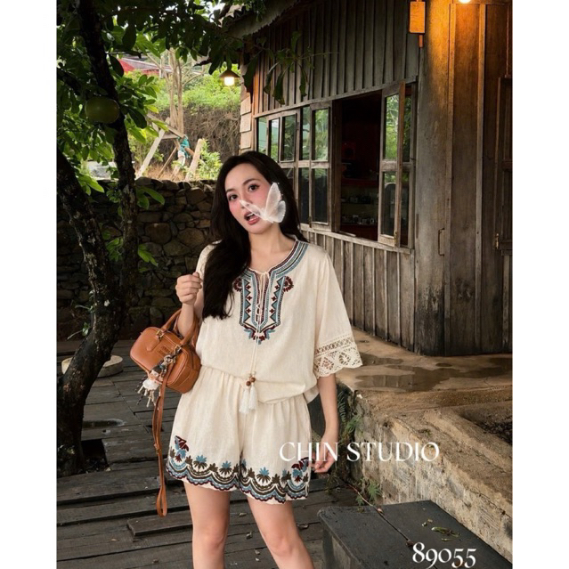 [ẢNH THẬT] SET THÔ THÊU ÁO DÂY CHUIONG QUẦN SHORT 89055 STTADC