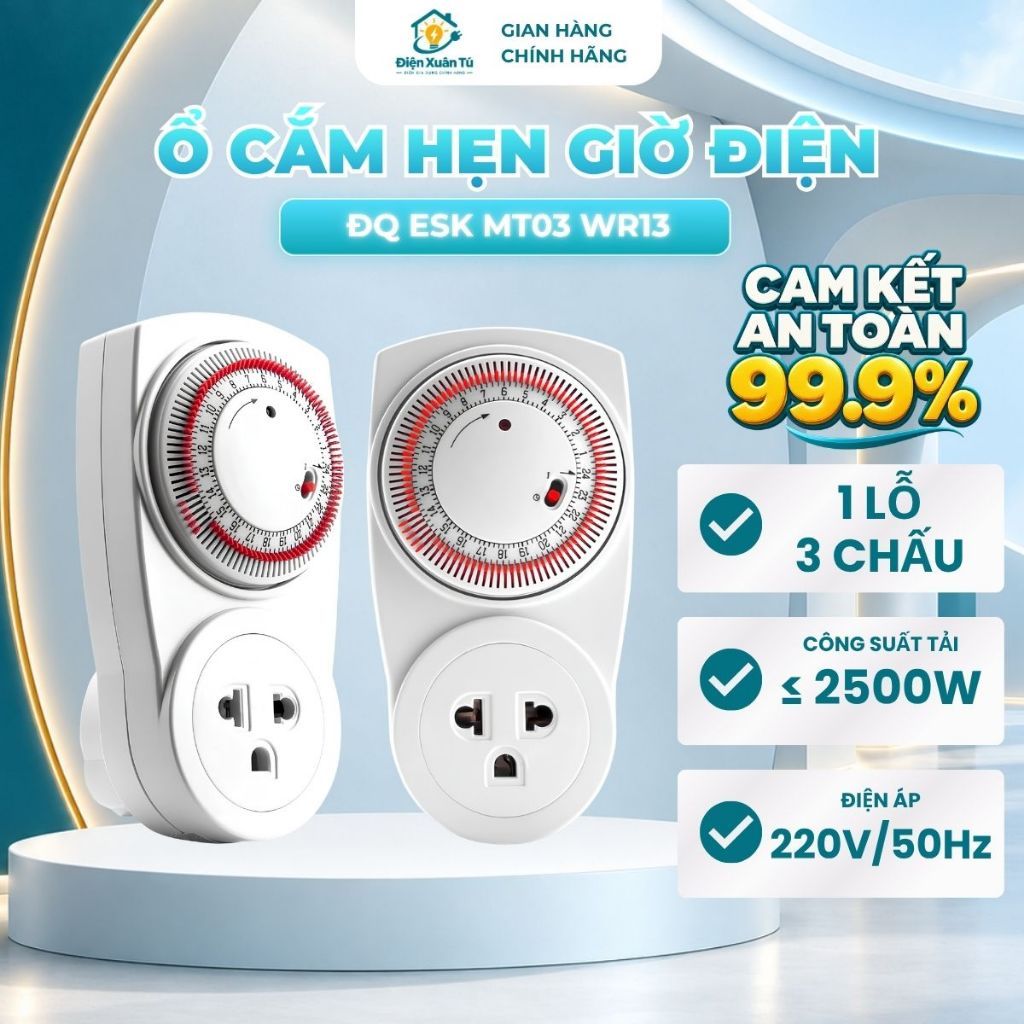 Ổ Cắm Hẹn Giờ Điện Quang ĐQ ESK MT03 WR13 – 1 Lỗ 3 Chấu, Điều Chỉnh Cơ, Màu Trắng Đỏ