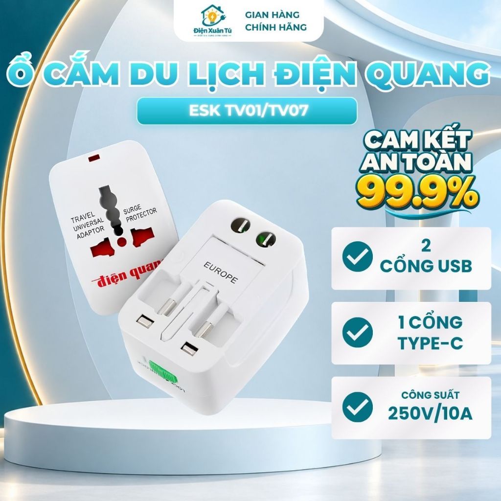 Ổ Cắm Du Lịch Đa Năng Điện Quang ESK TV01/TV07 – 2 Cổng USB, 1 Cổng Type-C, Tiện Lợi Khi Mang Theo Trong Các Chuyến Đi
