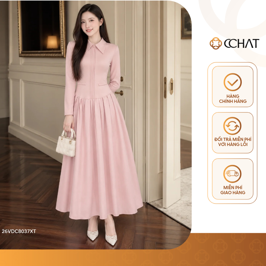 Đầm Nữ 𝐂𝐂𝐇𝐀𝐓 Dáng Xòe Erica Nắp Túi Giả Chất Liệu Thun Phối Cao Cấp 26VDC8037XT