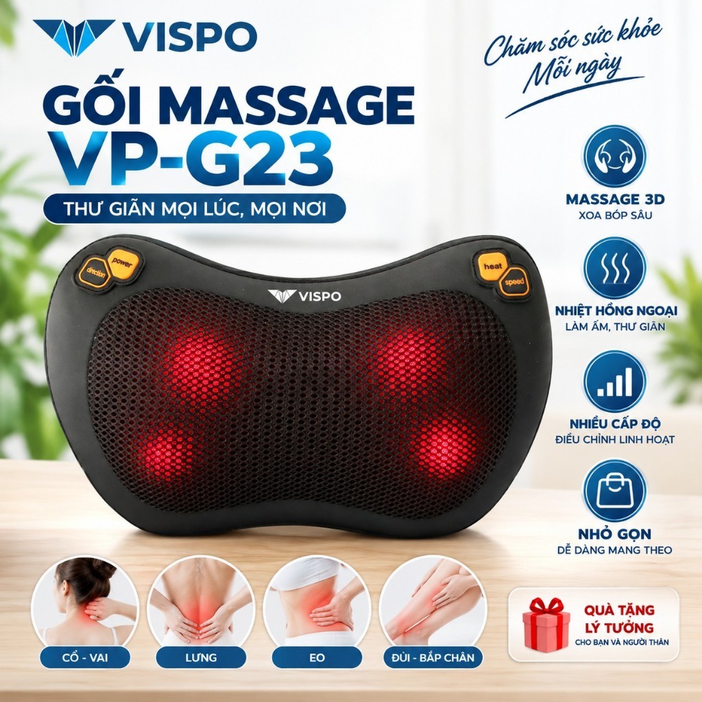 Gối Massage Nhiệt Hồng Ngoại Vispo VP-G23 - Đen, Kích thước 320x195x110mm